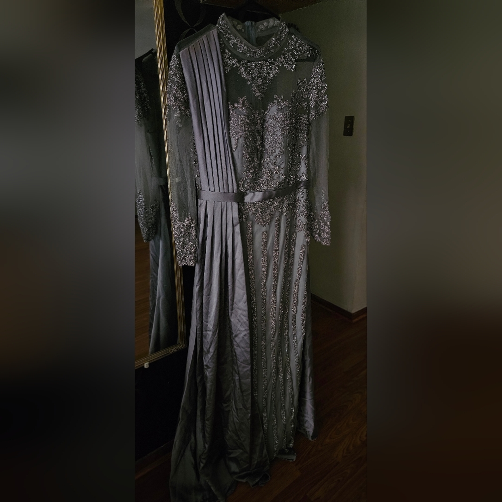 Elegant Gray Embellished Evening Gown